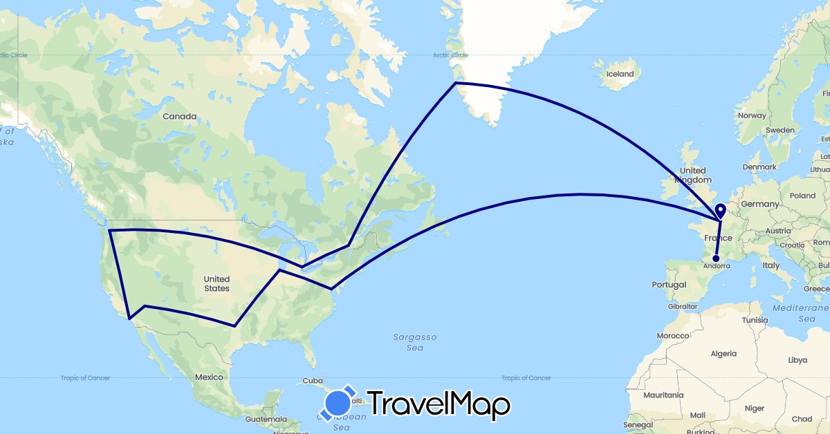 TravelMap itinerary: driving in Canada, France, Greenland, United States (Europe, North America)
